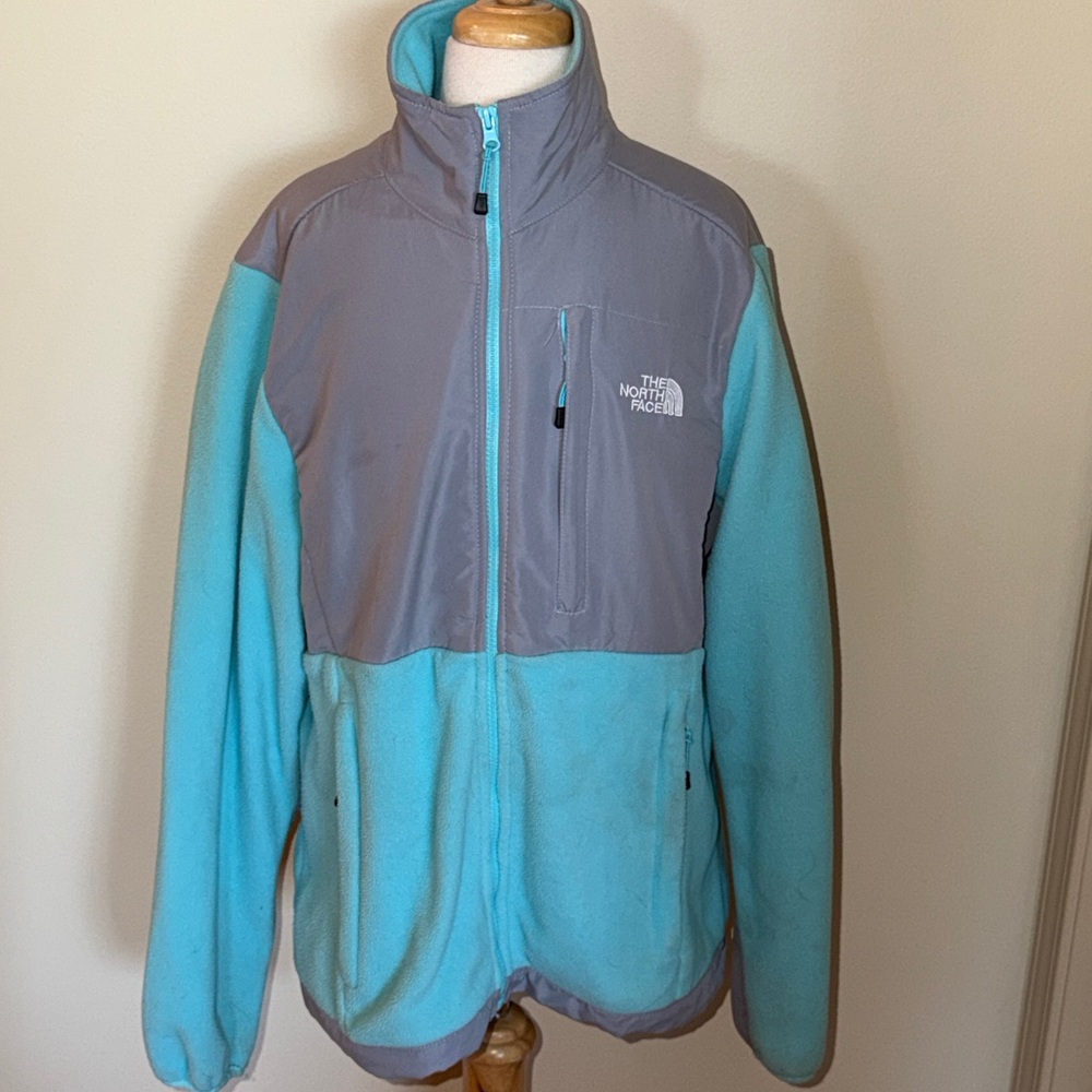 EUC~Woman’s Large The North Face Teal & Gray Lightweight Fleece Jacket W/Pockets